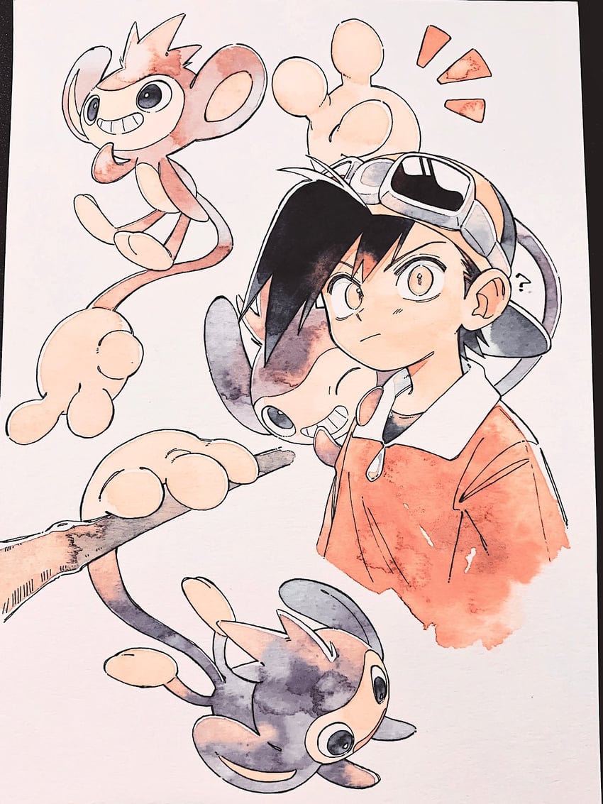 ethan and aipom (pokemon and 1 more) drawn by oharu-chan