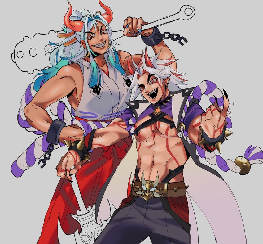 yamato and arataki itto (genshin impact and 1 more) drawn by nya_zuline