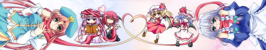 remilia scarlet, flandre scarlet, izayoi sakuya, patchouli knowledge, hong meiling, and 1 more (touhou) drawn by aoi_hiro