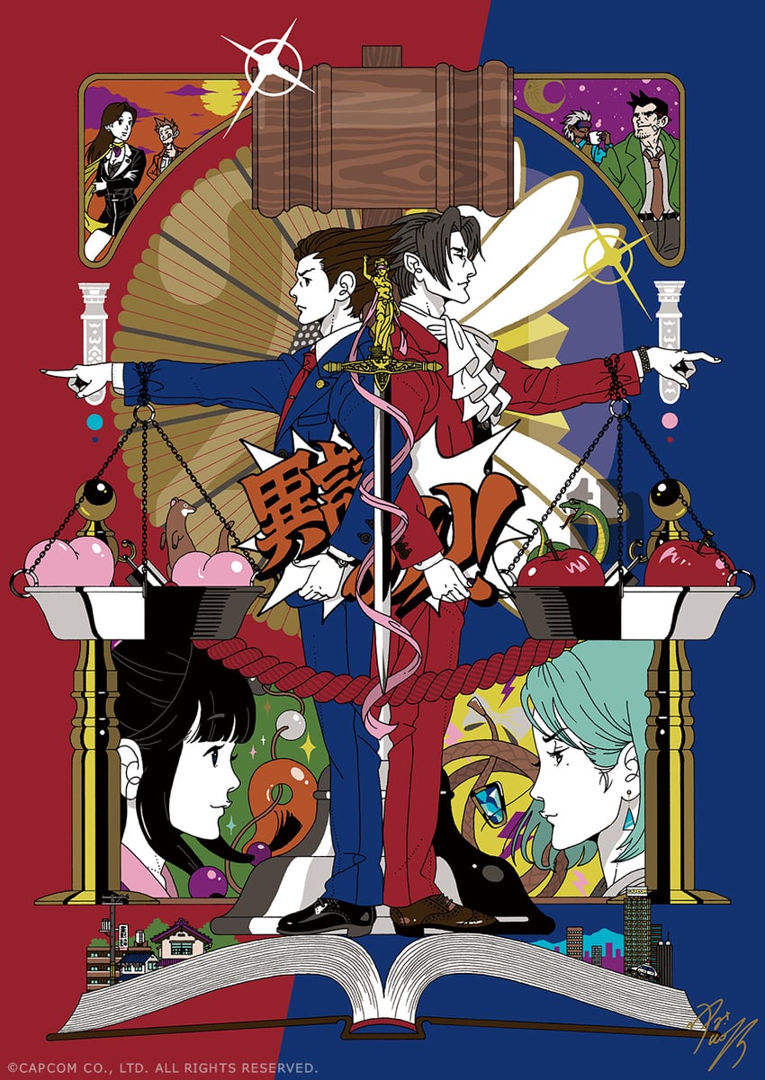 phoenix wright, miles edgeworth, maya fey, franziska von karma, dick gumshoe, and 3 more (ace attorney and 4 more) drawn by nakamura_yuusuke