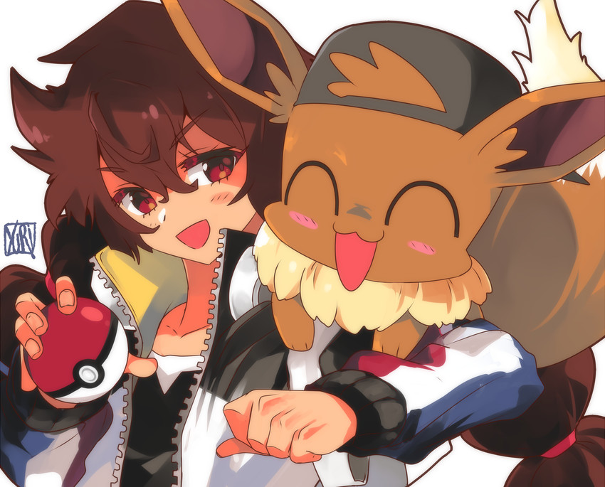 eevee and gotcha! girl (pokemon and 1 more) drawn by pirate_yuri