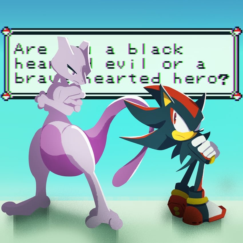 shadow the hedgehog and mewtwo (pokemon and 2 more) drawn by nenemyun