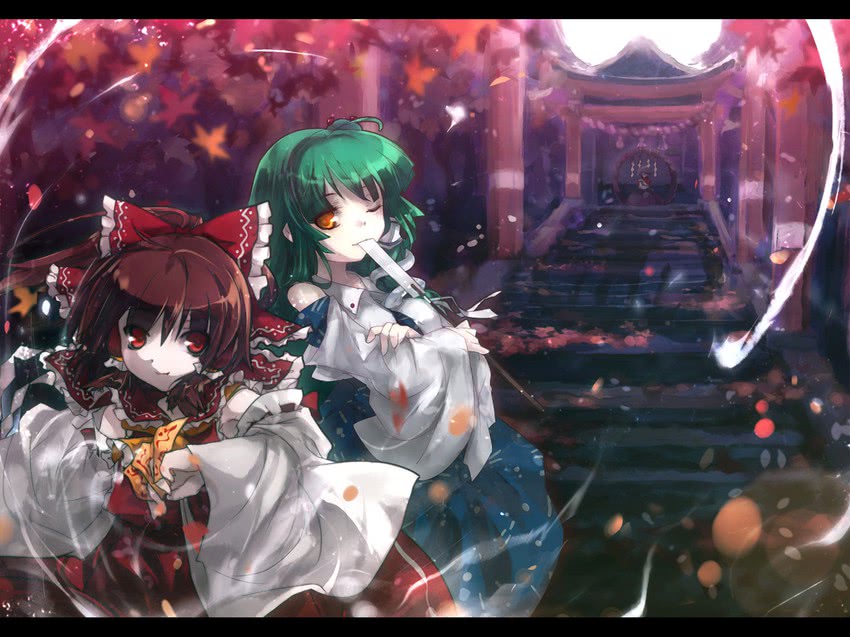 hakurei reimu, kochiya sanae, and yasaka kanako (touhou) drawn by kurudaz