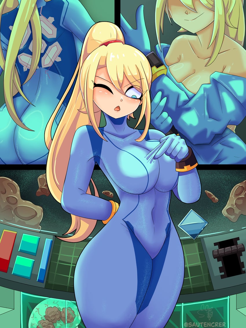 samus aran, metroid, and metroid larva (metroid) drawn by sautencrer