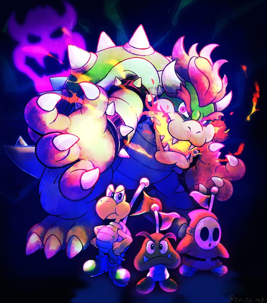 bowser, goomba, shy guy, koopa troopa, captain goomba, and 2 more (mario and 2 more) drawn by co_co_mg