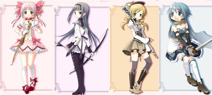 akemi homura, kaname madoka, miki sayaka, and tomoe mami (mahou shoujo madoka magica) drawn by aoki_ume