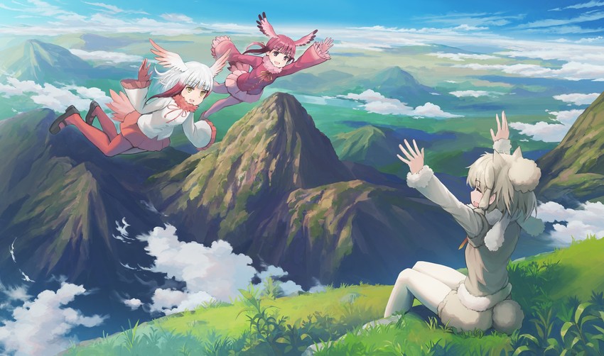 japanese crested ibis, alpaca suri, and scarlet ibis (kemono friends) drawn by fo~do