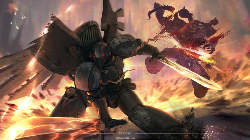adeptus astartes, chaos space marine, lucius the eternal, and nykona sharrowkyn (warhammer 40k) drawn by zhang_bozi