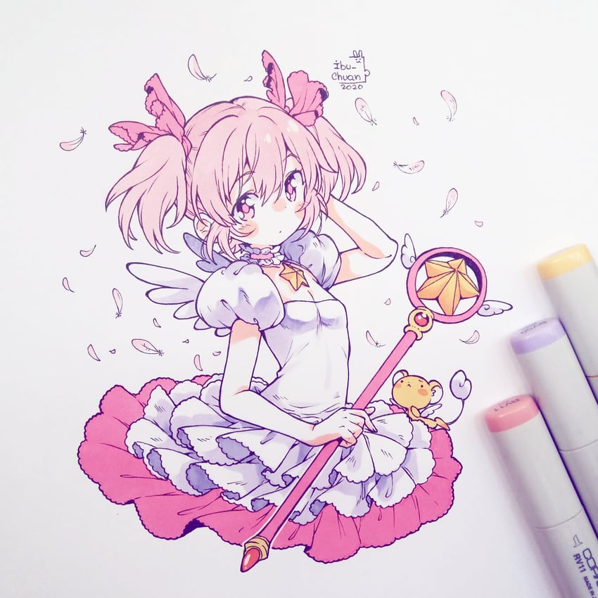 kaname madoka, kinomoto sakura, and kero (mahou shoujo madoka magica and 1 more) drawn by ibi_chuan