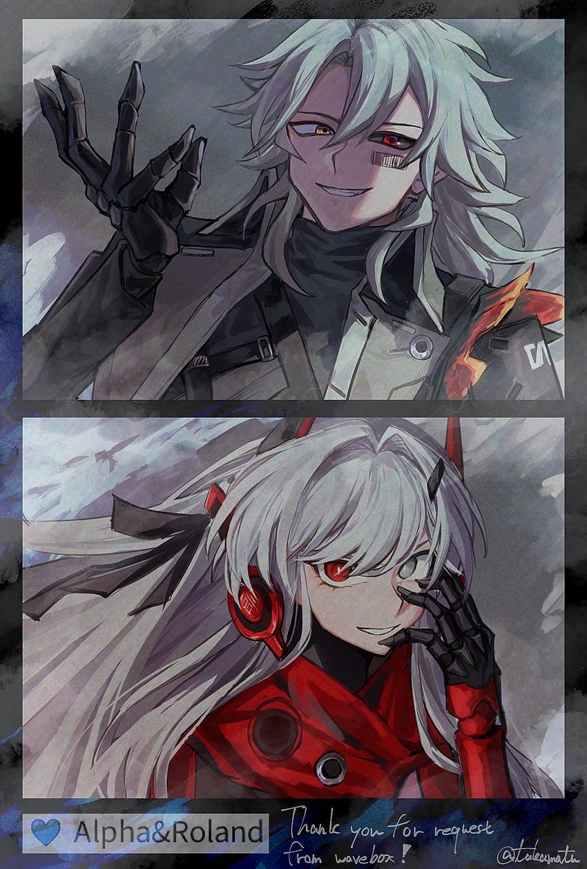 alpha, alpha: crimson abyss, and roland (punishing: gray raven) drawn by takamatu_hajime