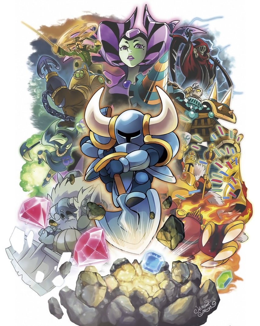 shovel knight, plague knight, king knight, specter knight, enchantress, and 5 more (shovel knight) drawn by ariga_hitoshi