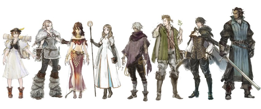 therion, tressa colzione, ophilia clement, primrose azelhart, cyrus albright, and 3 more (octopath traveler and 2 more) drawn by ikusy