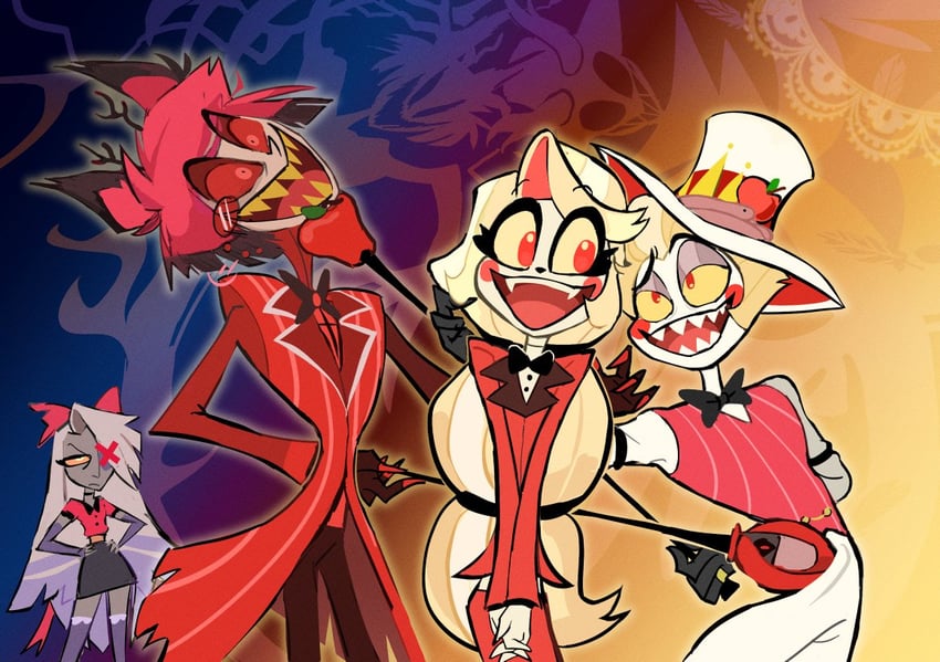 lucifer morningstar, charlie morningstar, alastor, and vaggie (hazbin hotel) drawn by niji_(shihio)