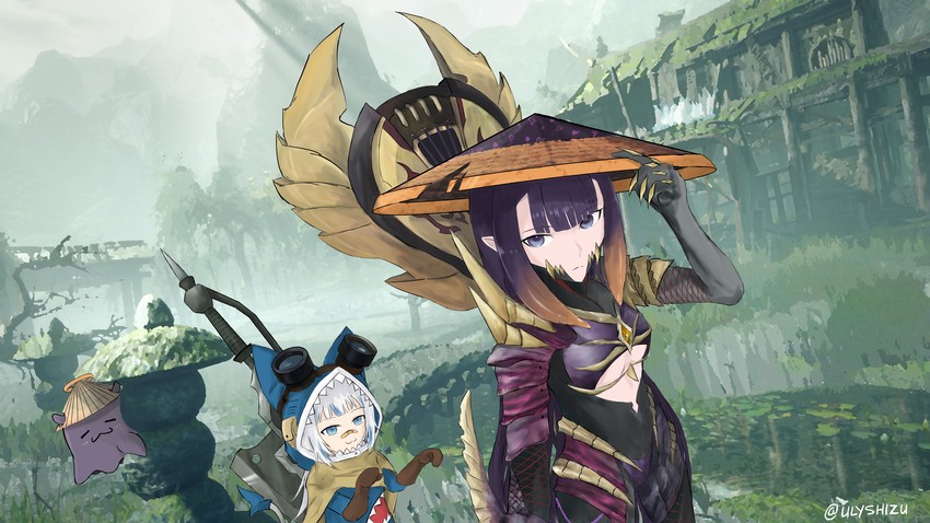 gawr gura, ninomae ina'nis, takodachi, and player palico (hololive and 3 more) drawn by ulyshizu