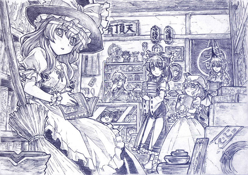 hakurei reimu, kirisame marisa, remilia scarlet, izayoi sakuya, and morichika rinnosuke (touhou) drawn by sakino_shingetsu