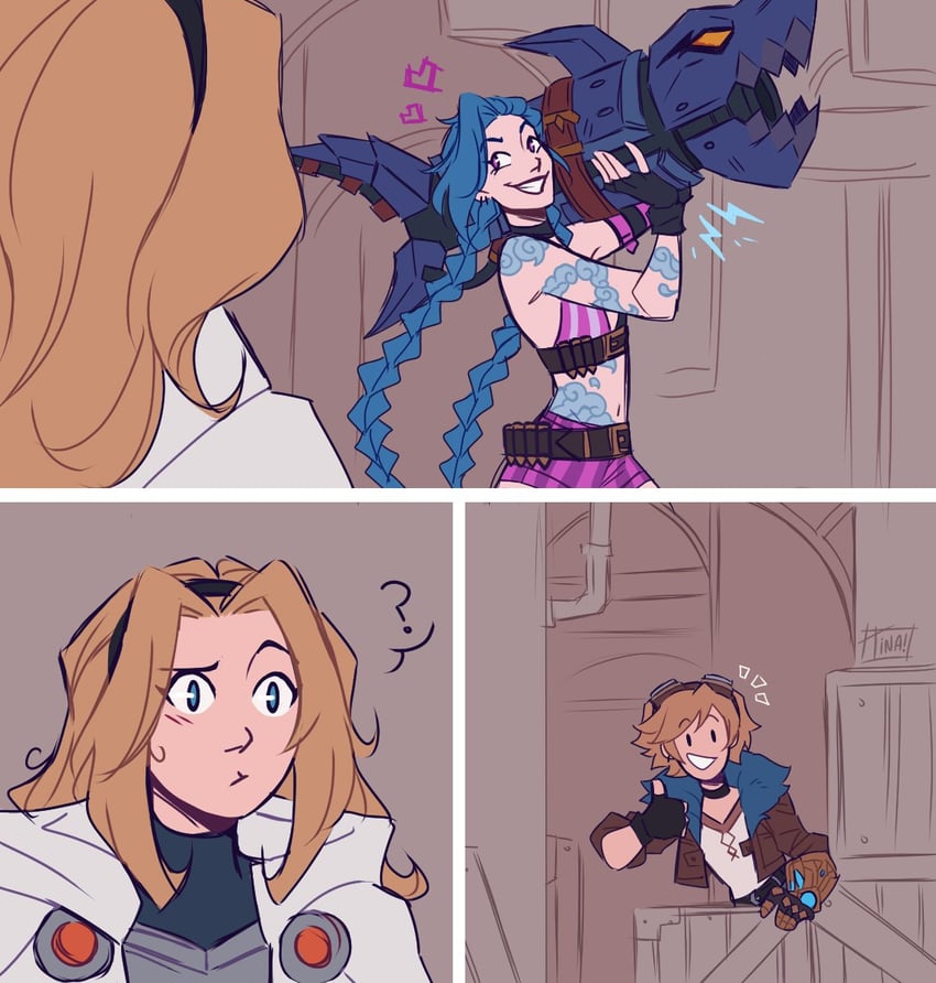 jinx, lux, and ezreal (league of legends) drawn by tina_(another_tina)