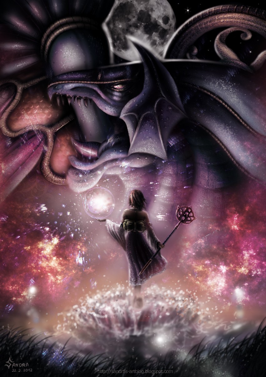 yuna and bahamut (final fantasy and 1 more) drawn by sandra-xd