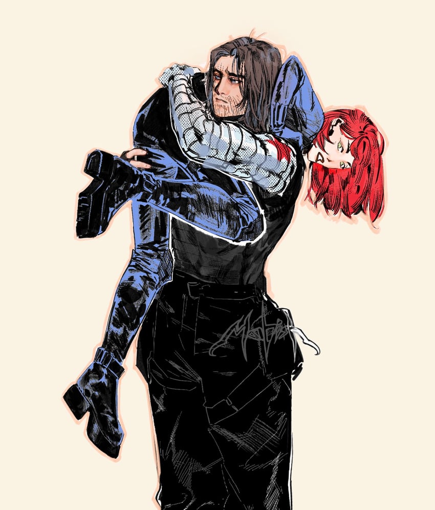 bucky barnes, winter soldier, black widow, and natasha romanoff (marvel) drawn by mohishko