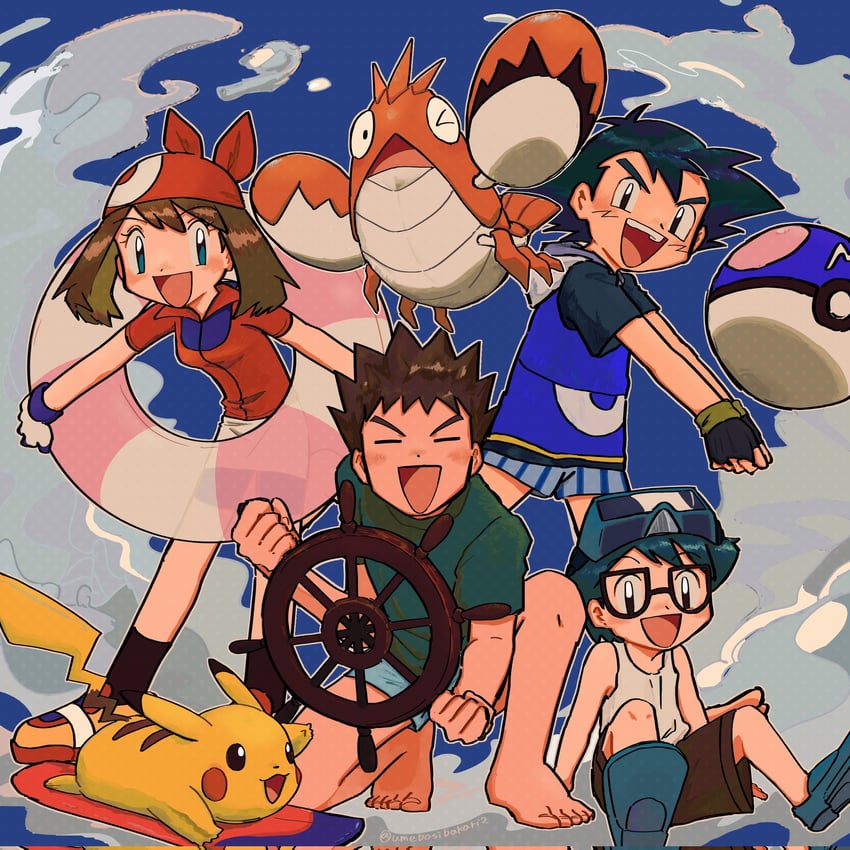 pikachu, may, ash ketchum, brock, max, and 1 more (pokemon and 1 more) drawn by umebosibakari2