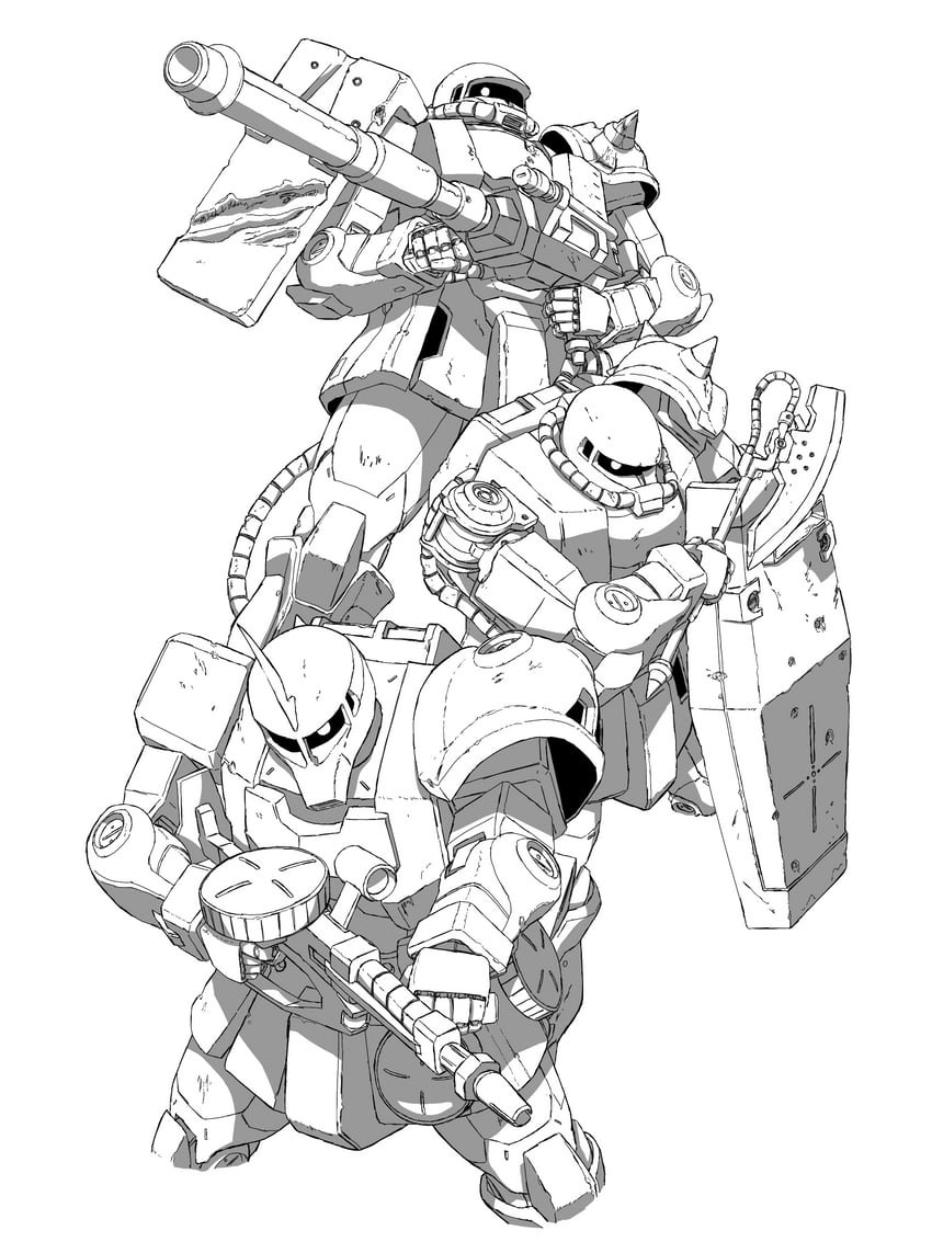 rx-78-2 gundam, zaku ii, and zaku i (gundam and 2 more) drawn by mecha_kaku_man