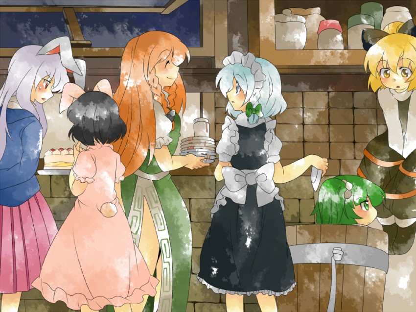 izayoi sakuya, reisen udongein inaba, hong meiling, inaba tewi, kurodani yamame, and 1 more (touhou) drawn by hammer_(sunset_beach)