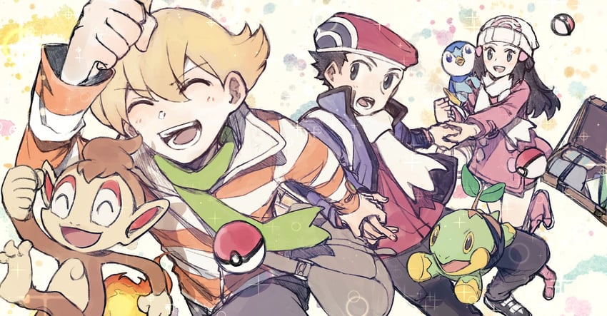 dawn, piplup, lucas, barry, turtwig, and 1 more (pokemon and 2 more) drawn by chikiso