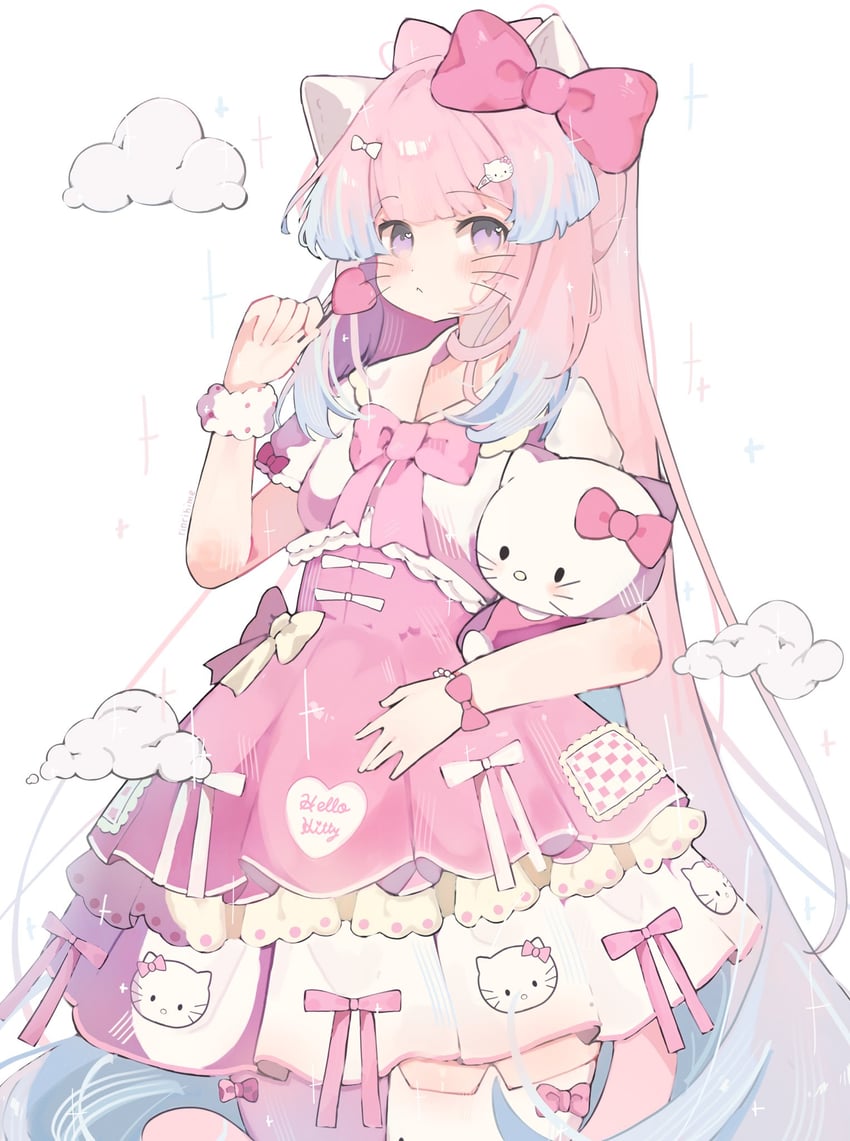 sangonomiya kokomi and hello kitty (genshin impact and 2 more) drawn by rinrihime