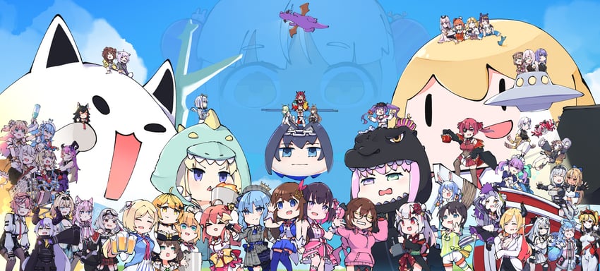 gawr gura, houshou marine, shirakami fubuki, hoshimachi suisei, mori calliope, and 56 more (hololive and 2 more) drawn by zaniaii