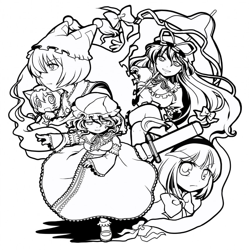 konpaku youmu, yakumo yukari, saigyouji yuyuko, yakumo ran, and chen (touhou) drawn by socha