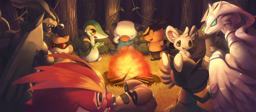 oshawott, snivy, tepig, reshiram, minccino, and 6 more (pokemon) drawn by torio_(mocd1985)