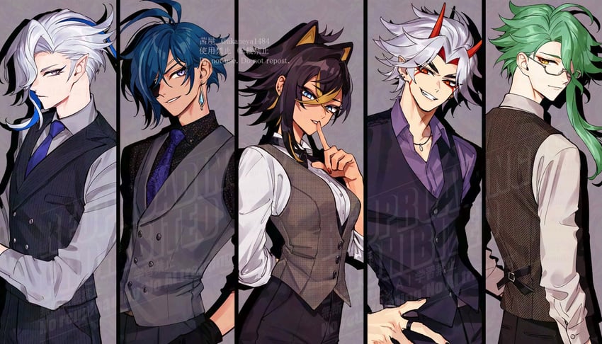 kaeya, neuvillette, dehya, arataki itto, and baizhu (genshin impact) drawn by ojo_aa