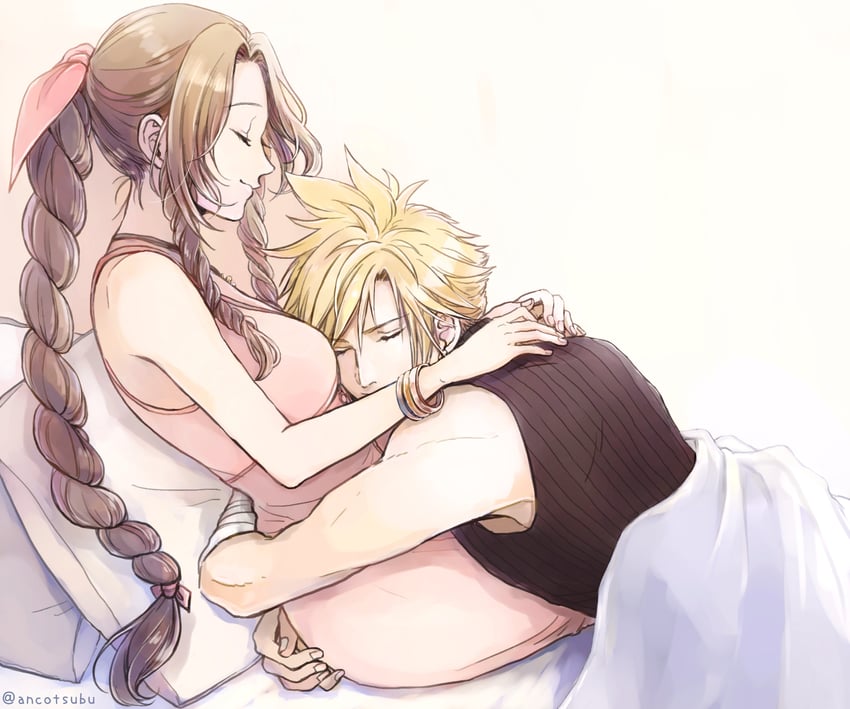 cloud strife and aerith gainsborough (final fantasy and 2 more) drawn by ancotsubu