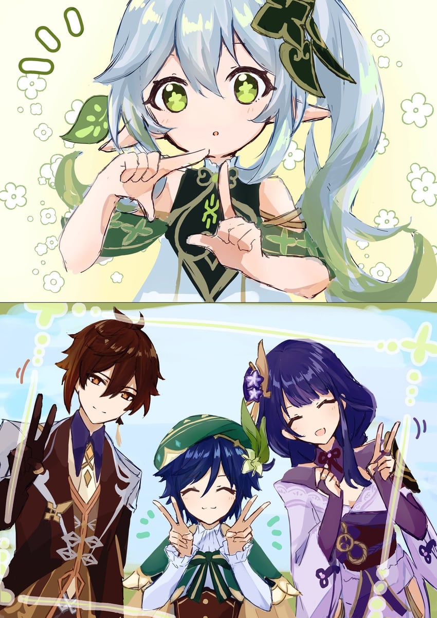 raiden shogun, nahida, zhongli, and venti (genshin impact) drawn by ryokukablog