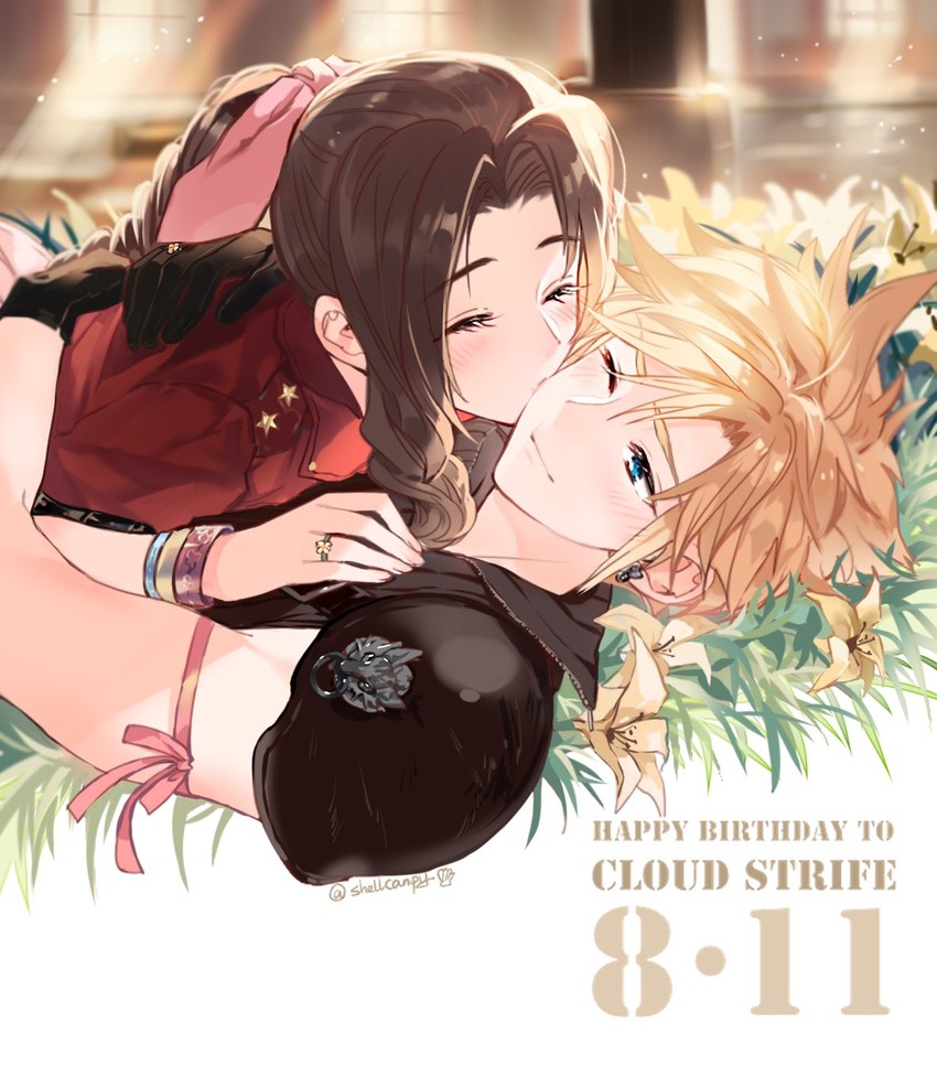 cloud strife and aerith gainsborough (final fantasy and 2 more) drawn by shell_(shell518)