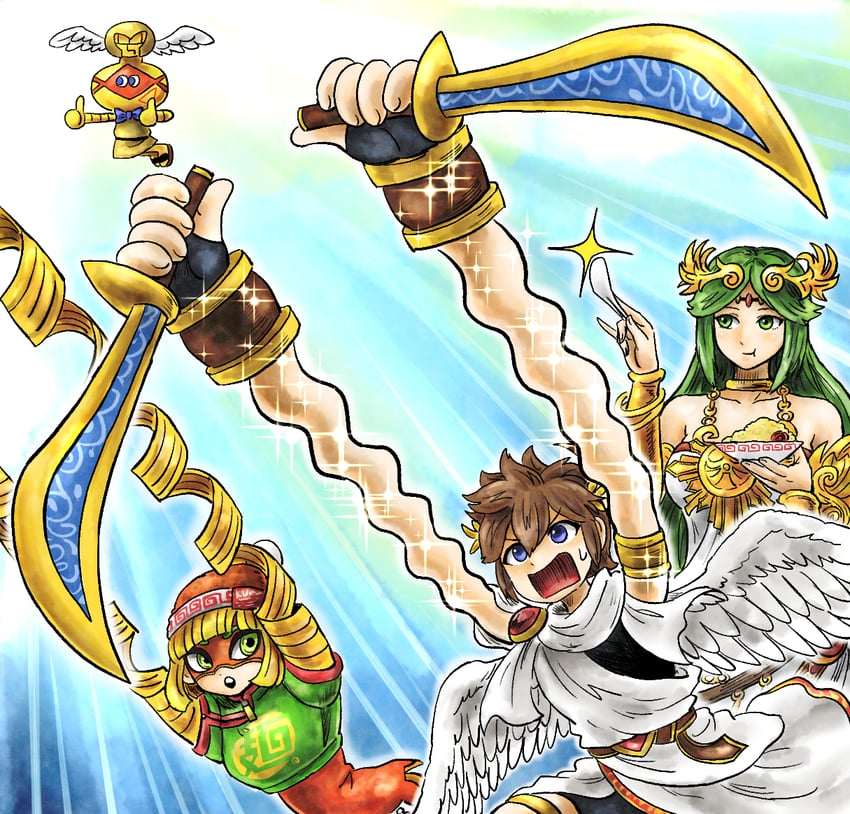 palutena, pit, min min, and cobushii (super smash bros. and 3 more) drawn by kicdon