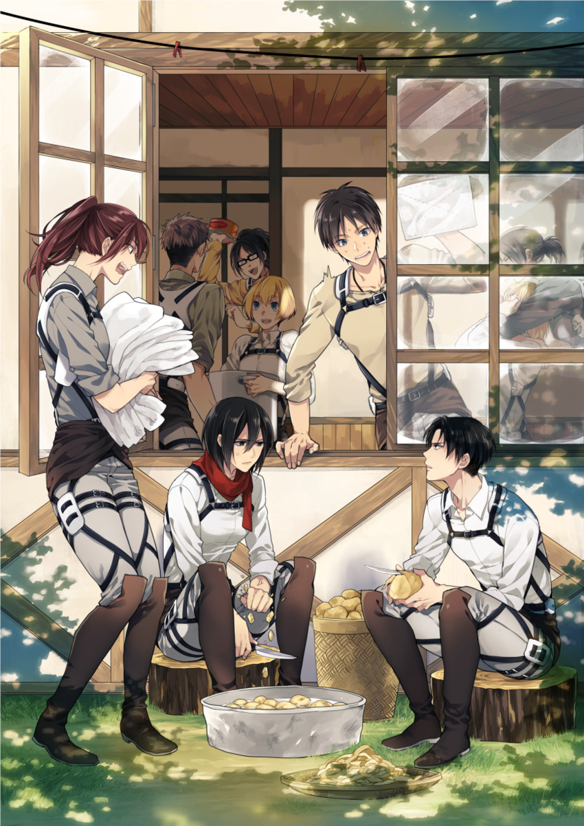 mikasa ackerman, eren yeager, levi, krista lenz, ymir, and 4 more (shingeki no kyojin) drawn by ko-man