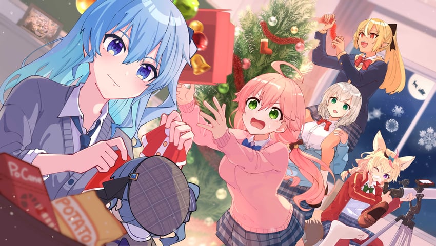 hoshimachi suisei, sakura miko, shirogane noel, shiranui flare, omaru polka, and 1 more (hololive and 1 more) drawn by shishamope