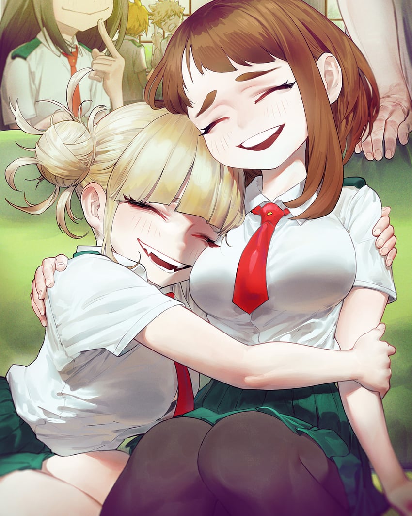uraraka ochaco, bakugou katsuki, toga himiko, asui tsuyu, and kaminari denki (boku no hero academia) drawn by ghdwid