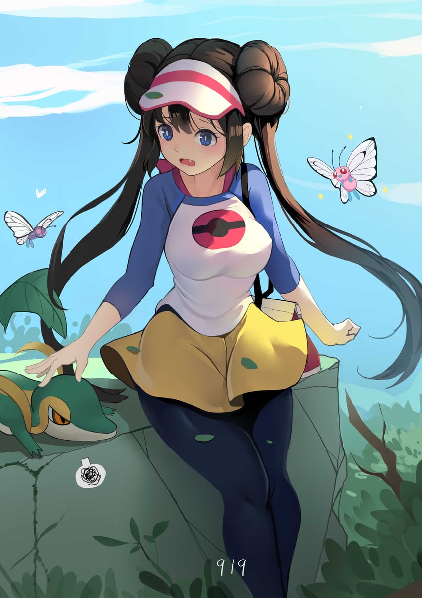 rosa, snivy, and butterfree (pokemon and 1 more) drawn by mamayu