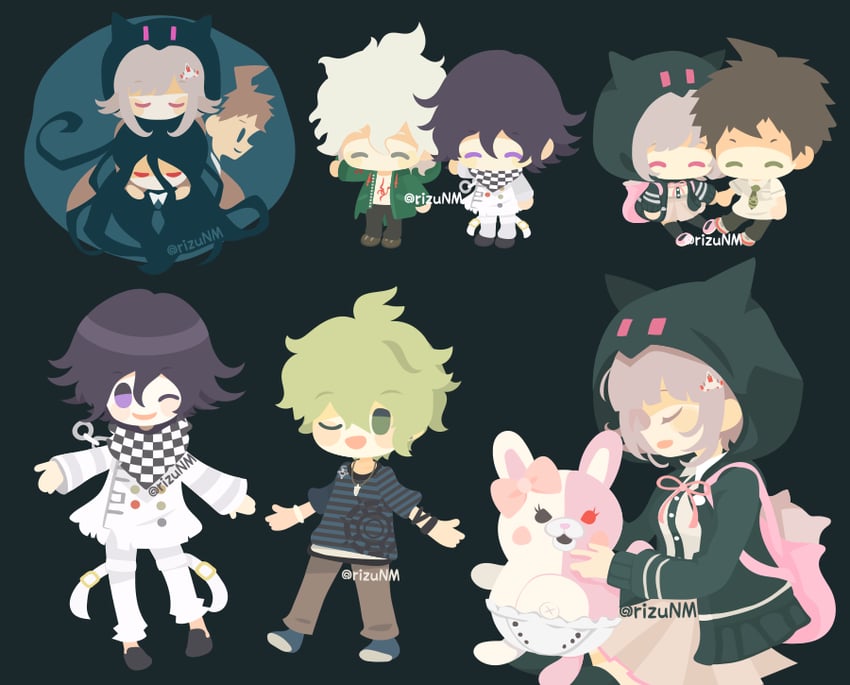 nanami chiaki, oma kokichi, komaeda nagito, hinata hajime, amami rantaro, and 2 more (danganronpa and 3 more) drawn by rizu_(rizunm)