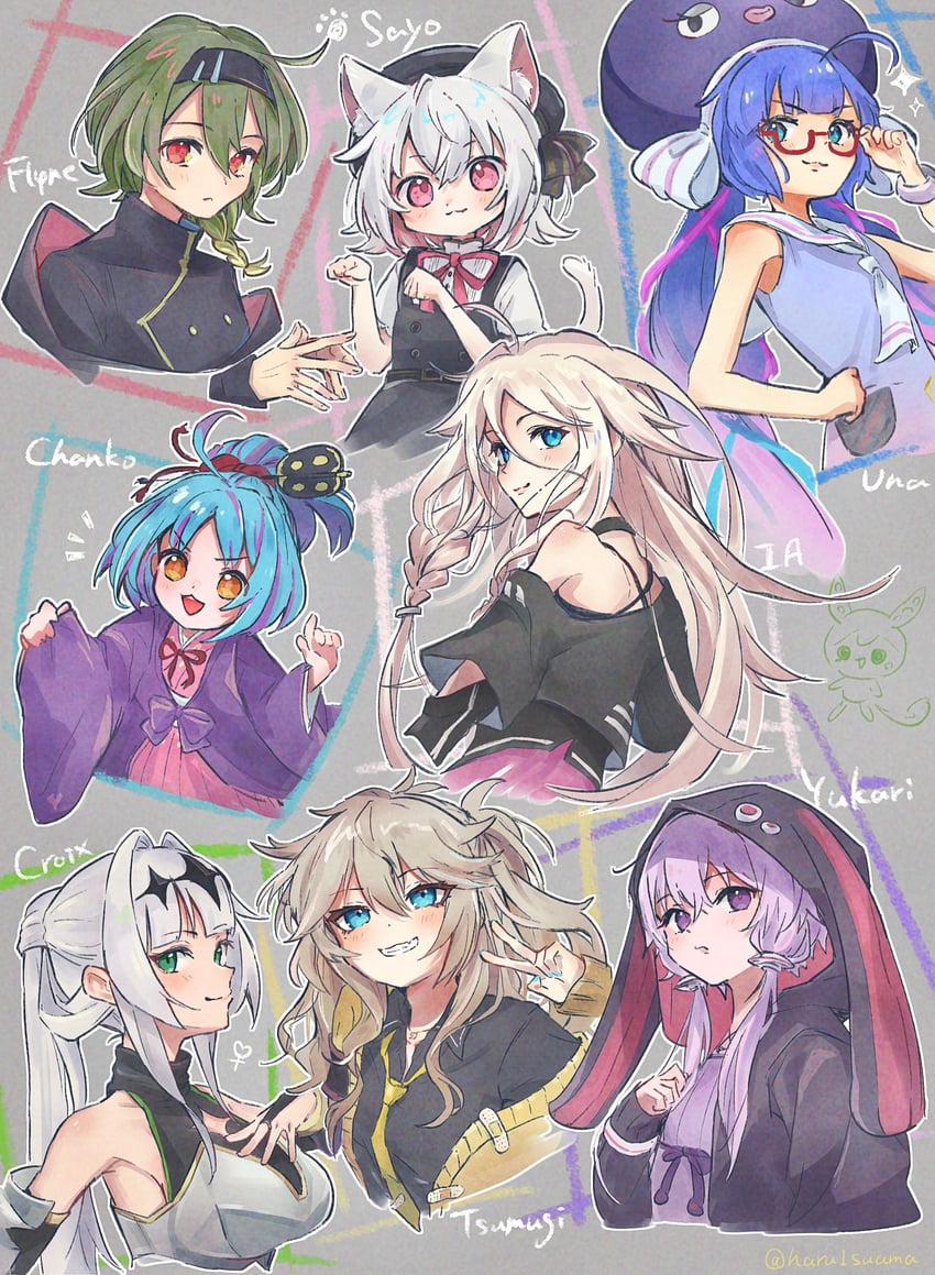 yuzuki yukari, ia, zundamon, otomachi una, kasukabe tsumugi, and 4 more (vocaloid and 6 more) drawn by suama_(haruichi)