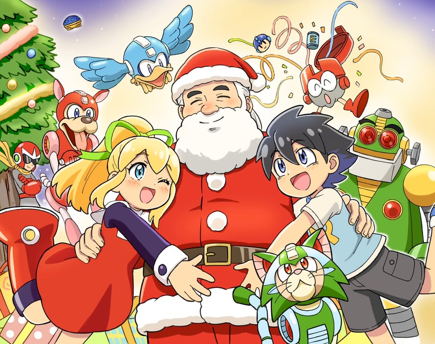 roll, mega man, proto man, rush, dr. light, and 4 more (mega man) drawn by komagoma