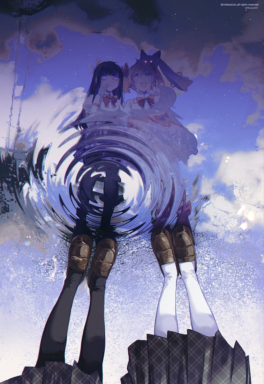 akemi homura, kaname madoka, and kyubey (mahou shoujo madoka magica) drawn by chelsea_(qing3567)
