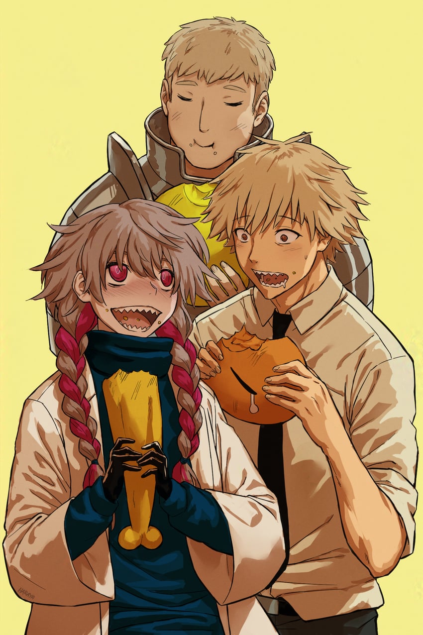 denji, laios touden, and nomamoto (chainsaw man and 2 more) drawn by haraya_manawari
