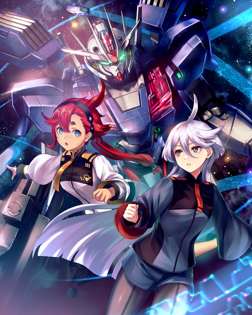 suletta mercury, miorine rembran, and gundam aerial rebuild (gundam and 1 more) drawn by gyoza_(pi512126)
