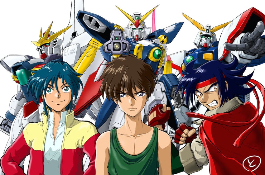 heero yuy, domon kasshu, garrod ran, gundam x, wing gundam, and 1 more (gundam and 3 more) drawn by tokita_kouichi