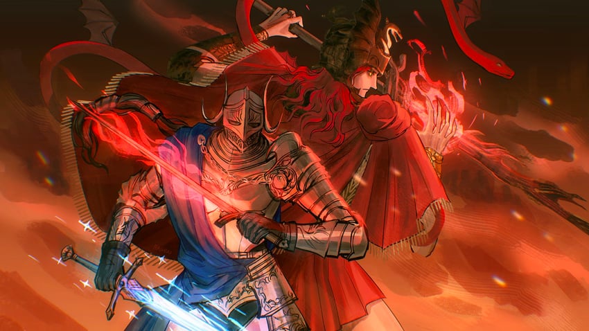 messmer the impaler and rellana twin moon knight (elden ring and 1 more) drawn by rashuu