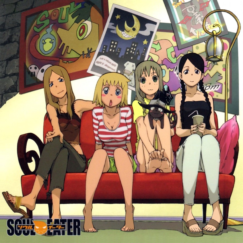 maka albarn, nakatsukasa tsubaki, patricia thompson, elizabeth thompson, and blair (soul eater) drawn by itou_yoshiyuki