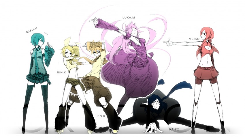 hatsune miku, kagamine rin, kagamine len, megurine luka, kaito, and 1 more (vocaloid) drawn by kasuga_ayumu_(haruhipo)