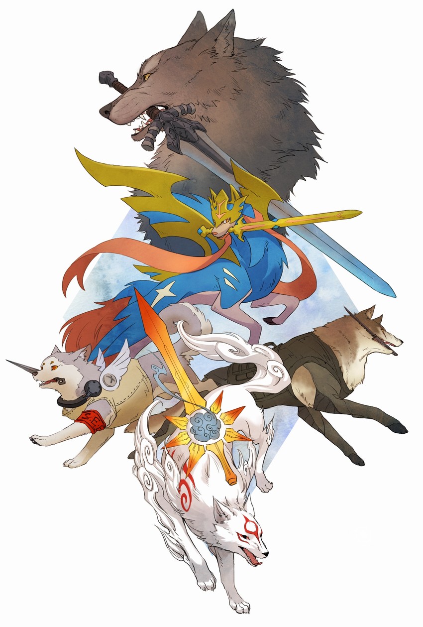 amaterasu, koromaru, zacian, great grey wolf sif, and diamond dog (pokemon and 7 more) drawn by sandara